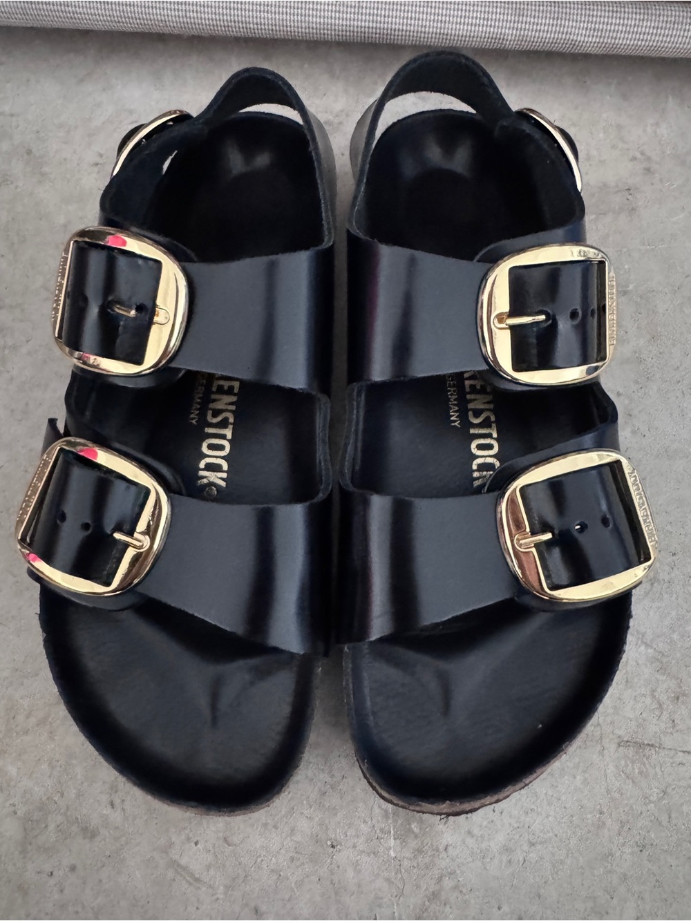 Birkenstock Black Arizona Sandals with Gold Buckles